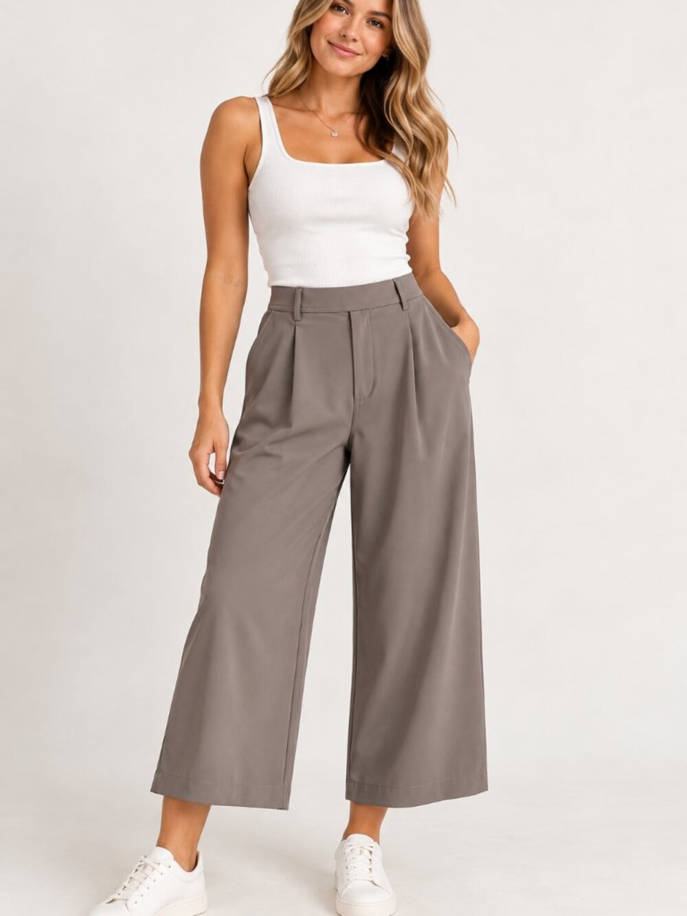 NWT Halara Women’s Large High Waisted Pleated Wide Leg Trousers Taupe Gray Pants